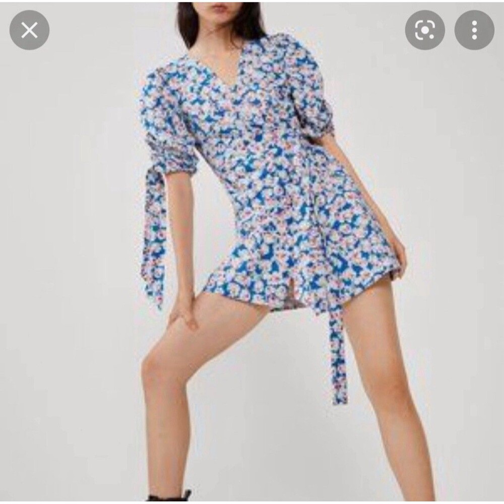 Zara Floral Puff Sleeve Mini Wrap Dress XXL Blue Cotton V Neck Party Vacation